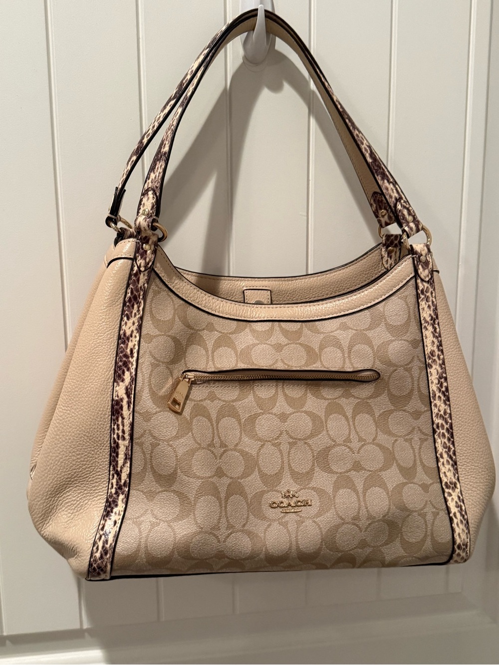 Coach Beige Signature Jacquard Shoulder Bag with Snake-Print Trim